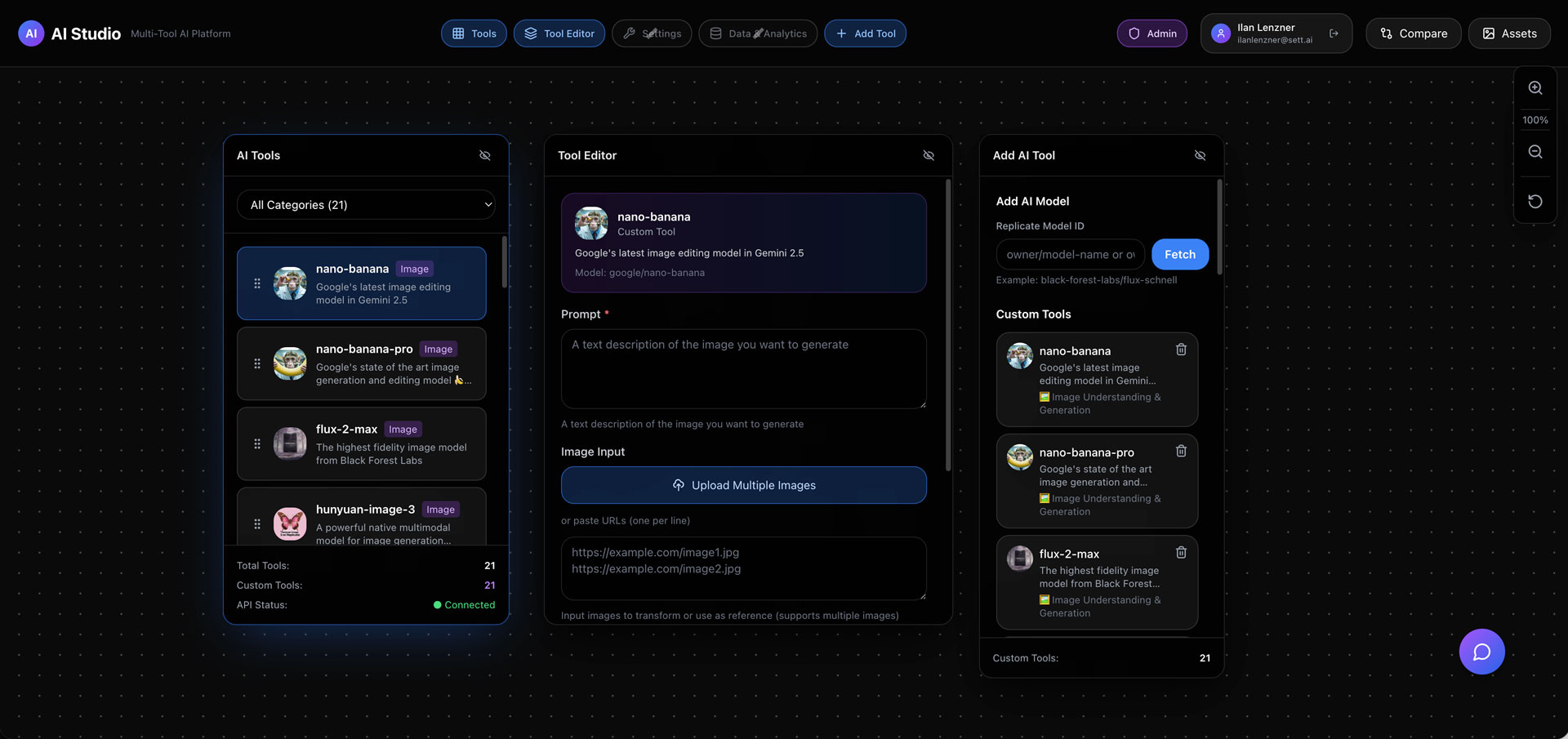 AI Studio — the full platform interface showing the modular panel layout